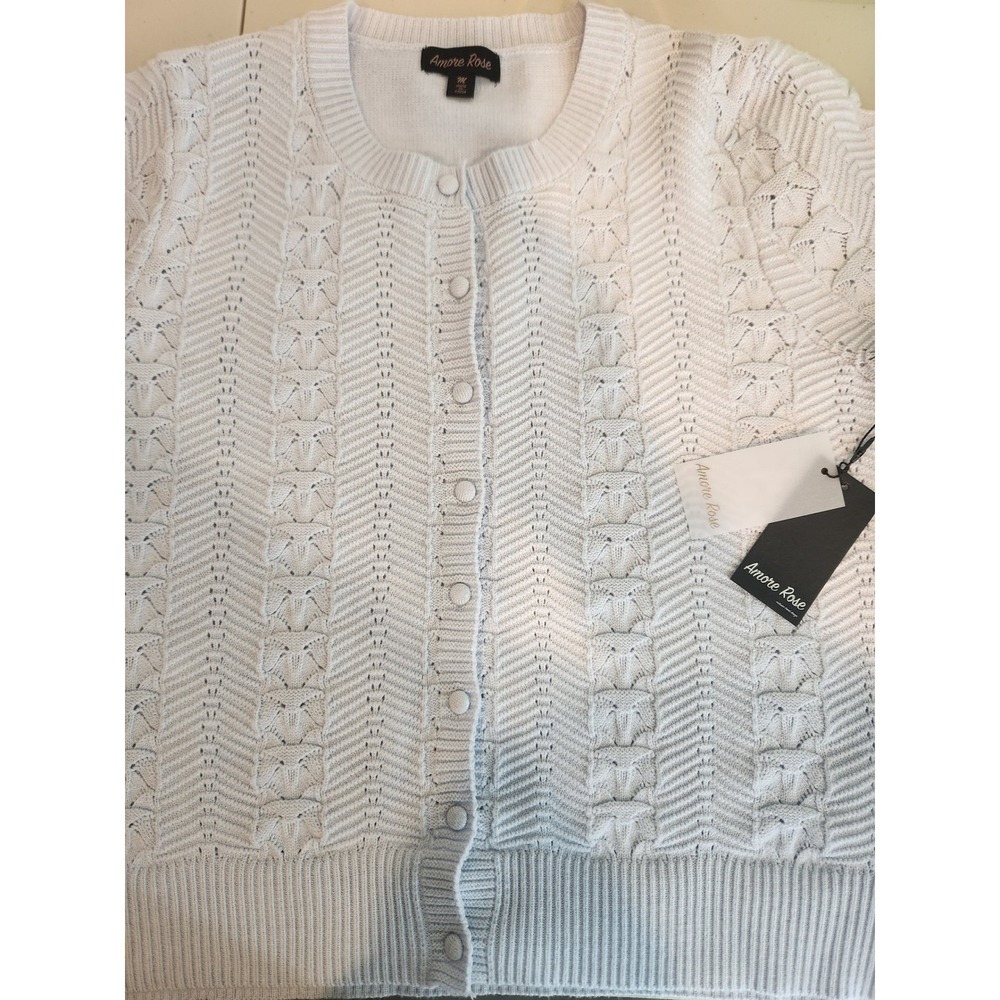 Amore Rose Womens Light Blue Short Sleeve Pointelle Knit Cardigan Sweater Size M - Picture 5 of 6